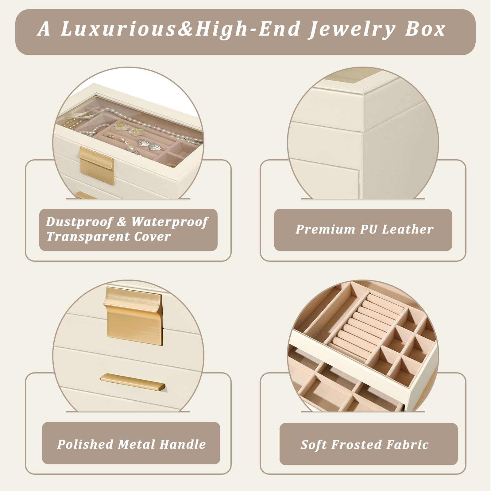 Boîte à Bijoux, [4 Niveaux] Femme Boite à Bijoux avec 3 Tiroirs, pour Couvercle Transparent, Grande Boîte à Bijoux en Cuir pour Colliers, Bracelets, Idée Cadeau, Style Moderne (Blanc)