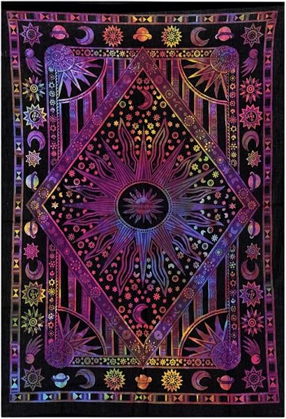 THE ART BOX Soleil Lune Hippie Mandala Brûlant Soleil Psychedelic Tapisserie Multicolore - 135 x 150 cm Indien Coton Zodiaque Tenture Bohémien Céleste Tapisserie pour Chambre - 1