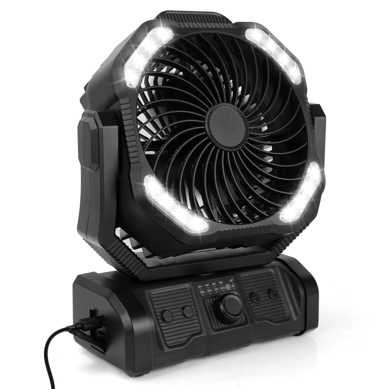 Ventola Da Campeggio Con Treppiede, Ricaricabile, Luce LED 360° E Telecomando – Antizanzara Grigia