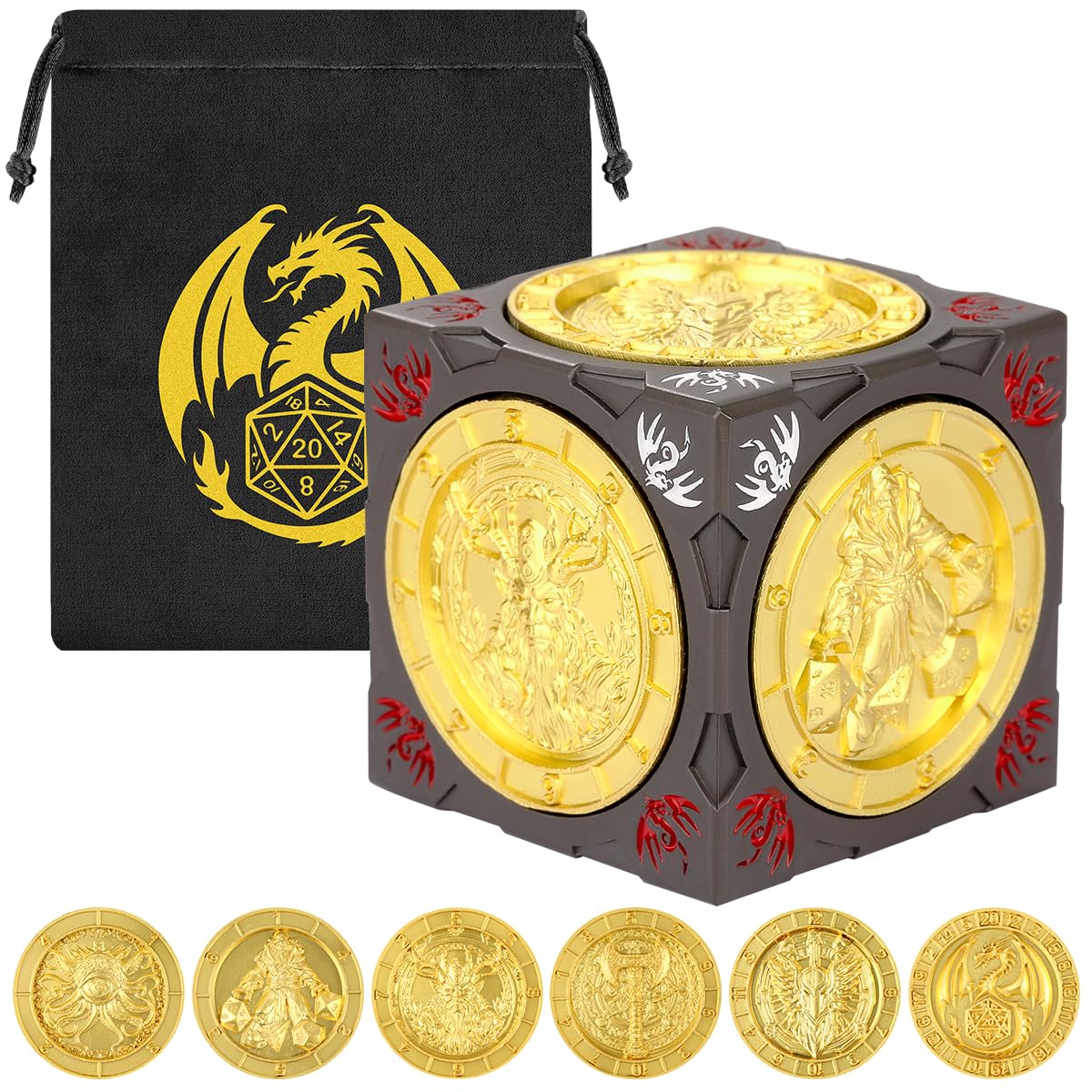 DND Fingertip Spinner Dice, 7-in-1 Metal Dice Set, 3D Relief Design, DND Polyhedral Rotating Game Dice, D&D Gifts with Dragon Logo Gift Bag, RPG, Role Playing Board Game Accessories, Black & Golden