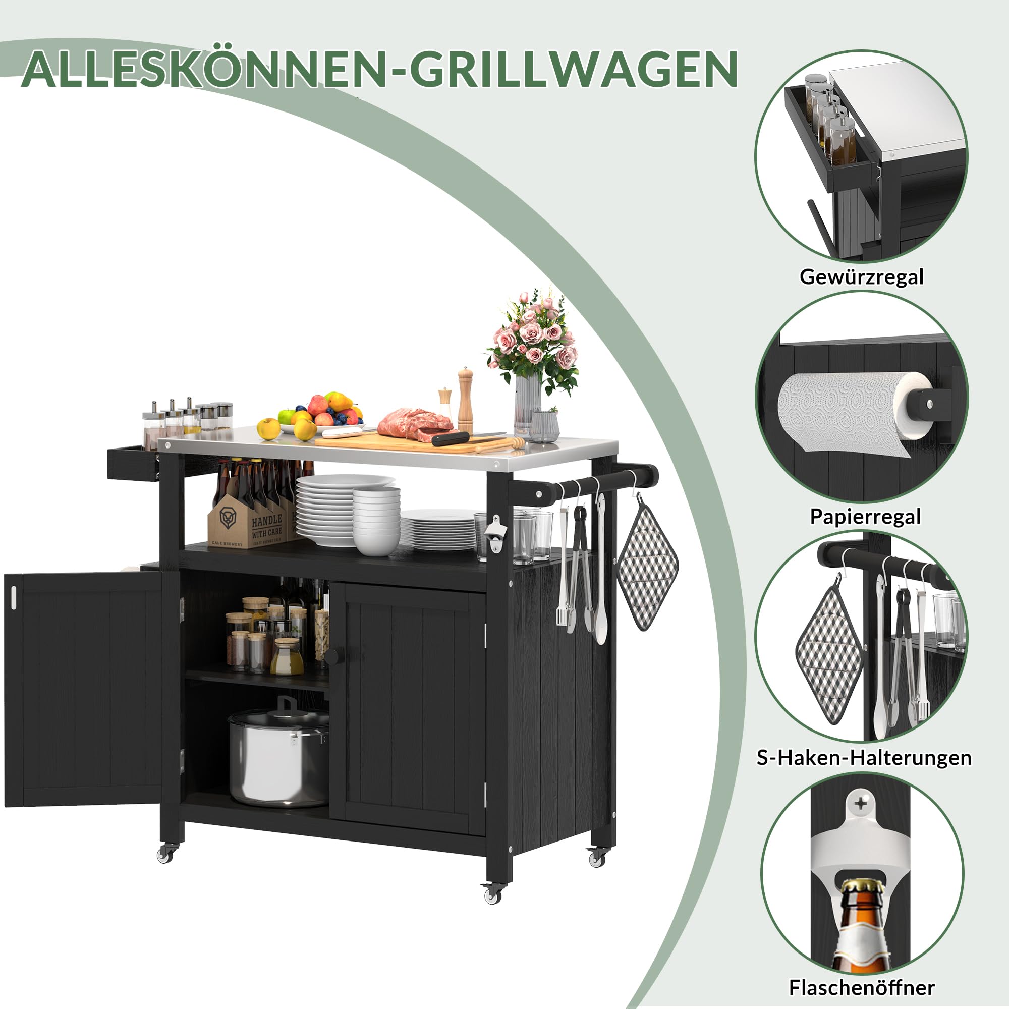Wetterfeste HIPS Outdoor Kücheninsel mit Edelstahlplatte & Aufbewahrungsschrank, bewegliche Vorbereitungstisch mit Rädern für BBQ-Zubereitung, Outdoor Grillwagen für Parties, Schwarz