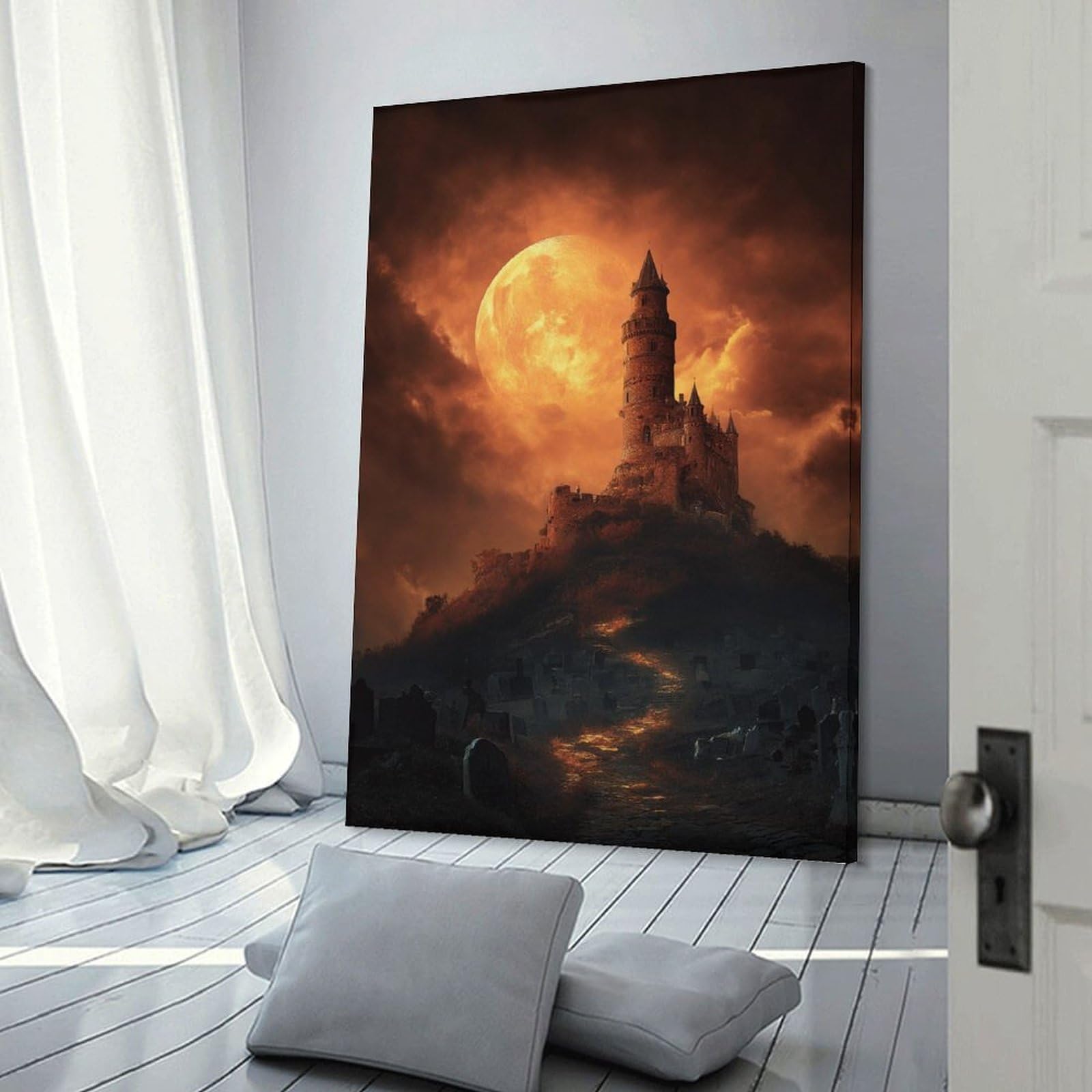 Junmoney Halloween Castle with Full Moon Wall Art Print 24x36inch(60x90cm), for Gallery Wall Layouts in Home Or Office, An Easy Match for Collected Prints