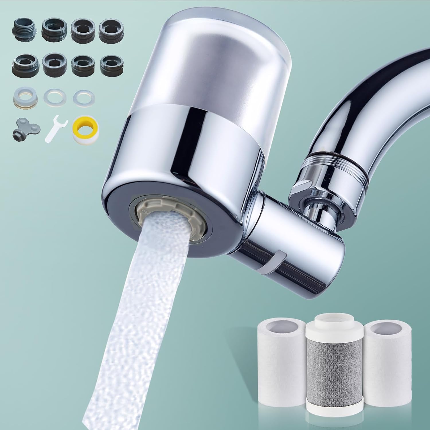 ATQ Water Filter for Sink Faucet with 3pcs Replacement Filters Reduce Chlorine, Lead, 720° Rotating, 2 Modes,Faucet Filter for Kitchen Sink, Kitchen/Bathroom/RV Faucets (Aerator720)