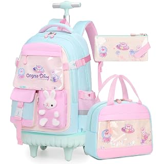 FIXITOK Rolling Backpack for Girls, Kawaii Bunny Roller Wheels School Backpacks with Lunch Bag Pencil case, Wheeled Suitcase Bookbag for Elementary Travel Aquamarine - Amazon product rated Grade A