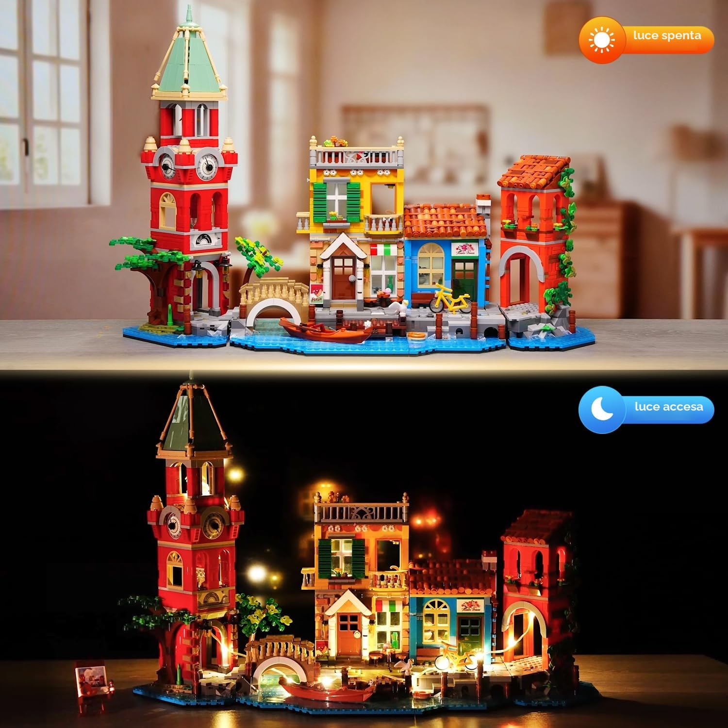 Plaxsoon Set Costruzioni Casa Venezia con Luci, 2155 Pezzi Modellino Architettonico con Fioreria, Pizzeria e Appartamento, Mattoncini da Costruzione Regalo per Adulti e Ragazzi 12+