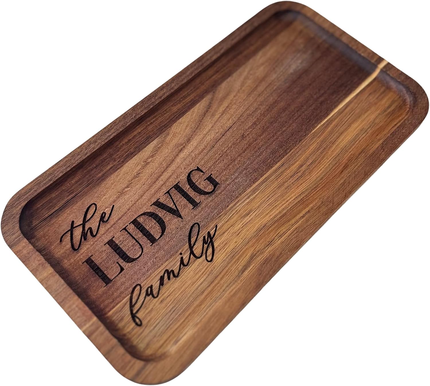Personalized Acacia Wood Engraved Valet Tray, Custom Family Name Catch All Tray for Entryway or Nightstand, Rustic Wedding or Housewarming Gift
