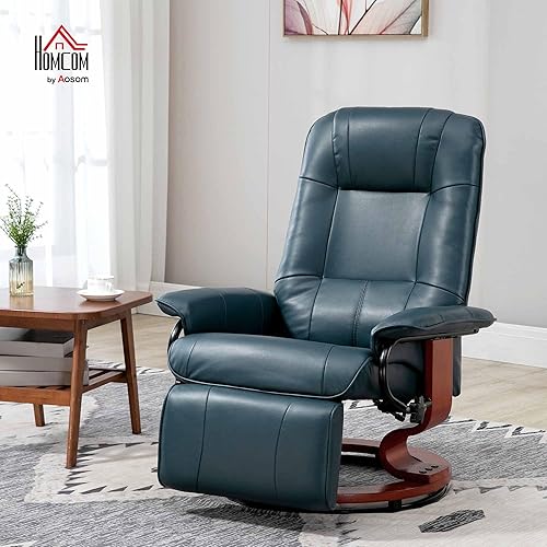 Miniatura 2 de HOMCOM Silla reclinable manual de piel sintética, silla giratoria ajustable con reposapiés, reposabrazos y base de madera envuelta para sala de