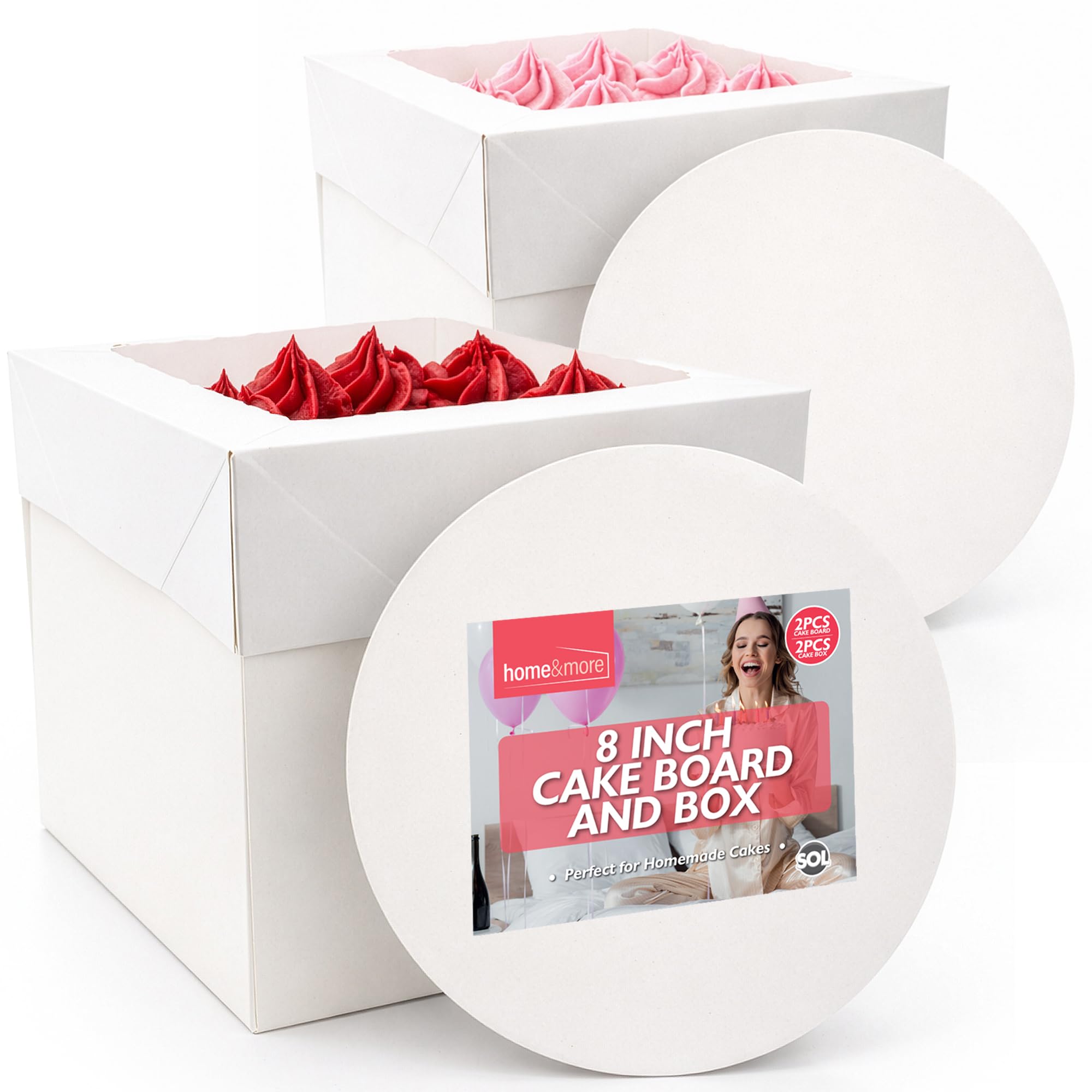 SOL 2 Piece 8 Inch Square Cake Box and Board Set White Tall Cake Packaging with Lid Sturdy Cardboard Cake Carrier for Birthday Wedding Party Bakes Secure Transport Storage