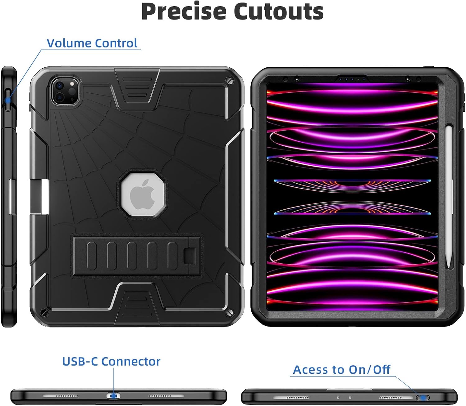 TSQQST Case for iPad Pro 12.9 Inch 6th Generation 2022 with Screen Protector | Full Body Protection Kids Case with Pencil Holder Stand for iPad Pro 12.9 Inch 5th/4th/3rd Gen 2021/2020/2018 | Black