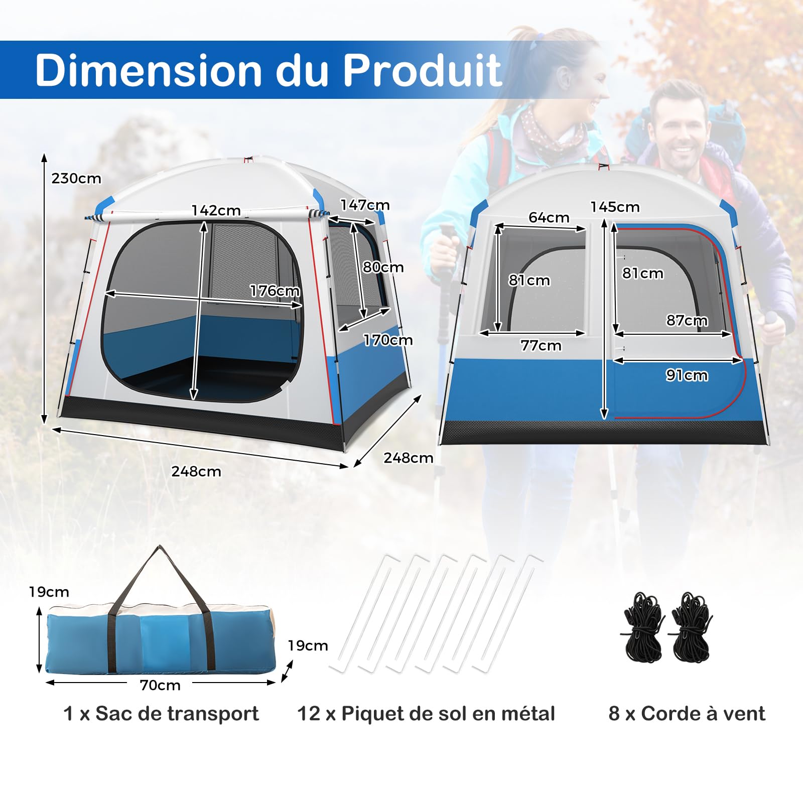 GOPLUS Tienda de Campaña para 5 Personas, Grandes Puertas de Malla de Doble Capa, Ventanas de Malla, Bolsa de Transporte, Ultraligera para Senderismo, 248 x 248 x 230 cm