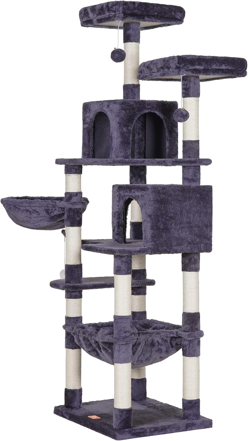 Heybly Cat Tree, 70 inches Tall Cat Tower condo with Toy for Indoor Large Cats, Cat House Furniture with Padded Plush Perch, Cozy Hammock and Sisal Scratching Posts,Smoky Gray HCT032G