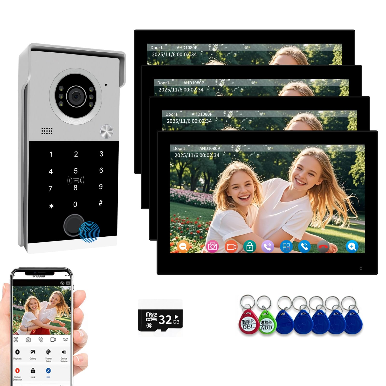Videocitofono cablato per appartamento, monitor touch da 7 pollici con campanello 1080P, sblocco password scheda RFID con impronte digitali, monitoraggio per casa villa
