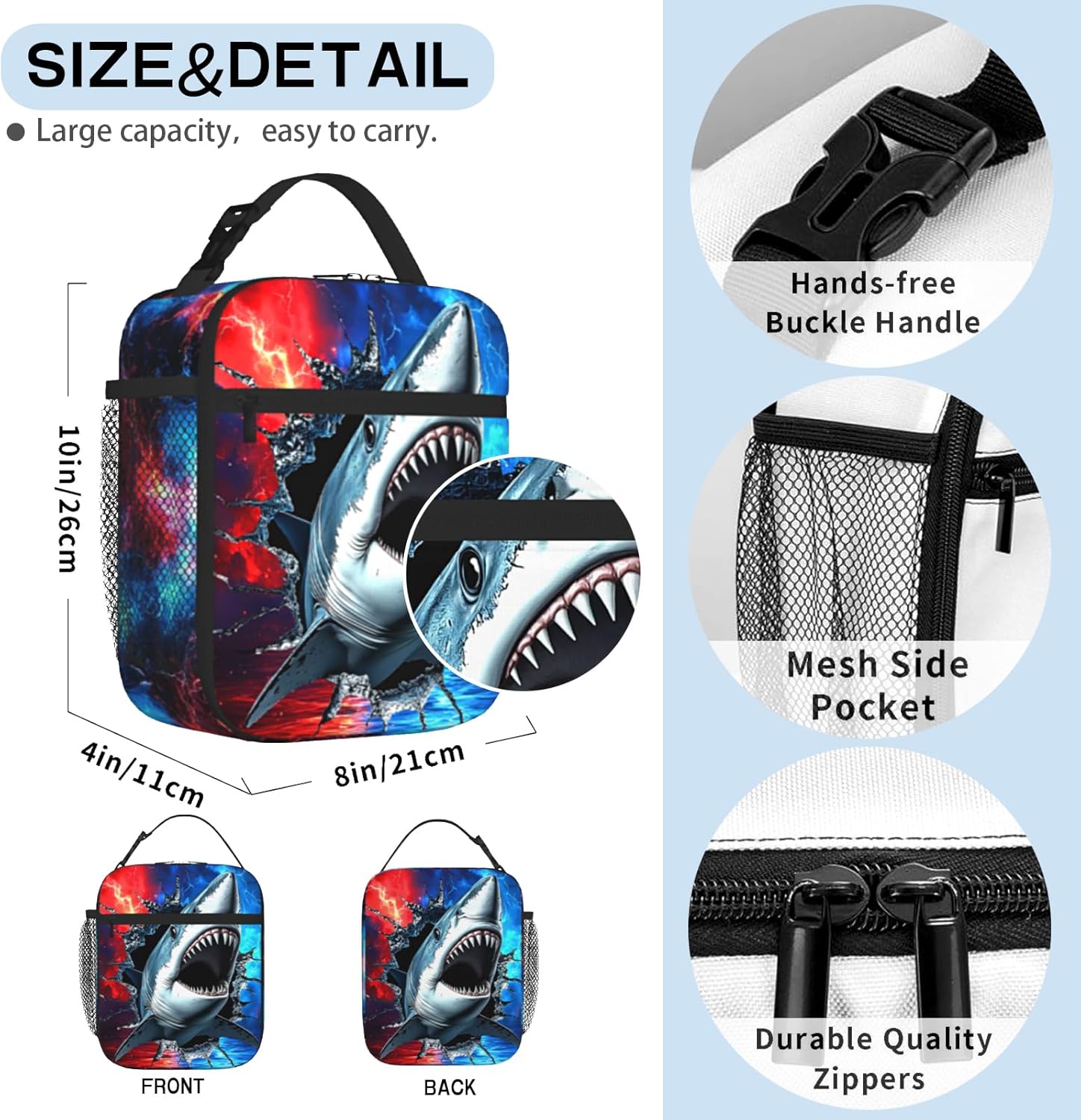 Shark Lunch Bag for Kids Boys Girls Toddler Cartoon Shark Reusable Insulated Lunch Box Red Blue Lighting Lightweight Thermal Cooler Tote for School Picnic Travel Hiking Office - Image 2