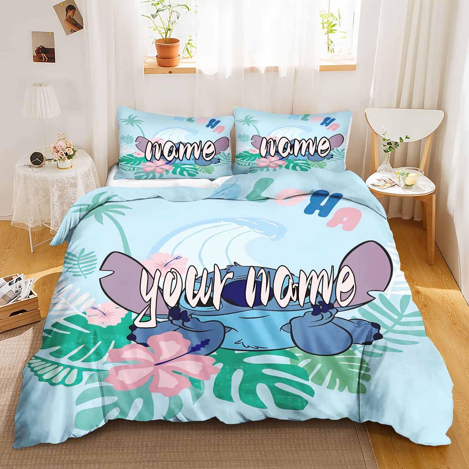 UNAGRI Personalized Bed Linen 135x200, Lilo & Stitch Bedding Set Duvet Cover with Zipper Microfiber Bedding Sets for Boys Girls 3D Print Cartoon Stitch Children's Bedding (200×200CM)