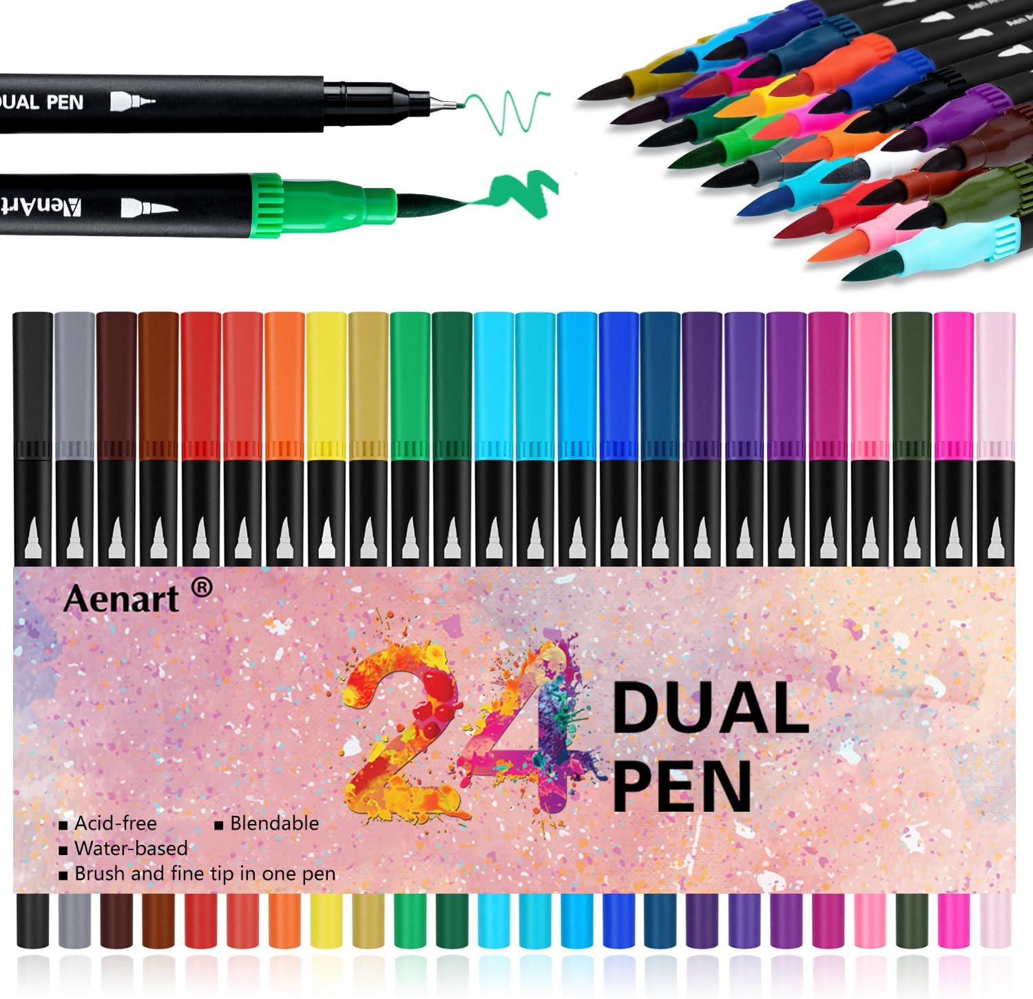 Aen Art Dual Brush Markers for Adult Coloring Books, 24 Colored Journal Planner Pens Fine Point Marker for School Office Supplies Bullet Journaling Note Taking Drawing