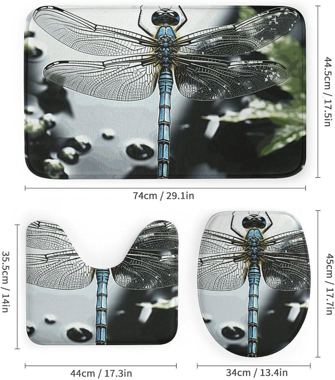 Dragonfly Shower Curtains Set 4 Piece with Non-Slip Rugs, Toilet Lid Cover and Bath Mat Soft Bathroom Carpet Waterproof Bathroom Curtain with 12 Hooks for Bathroom Decor