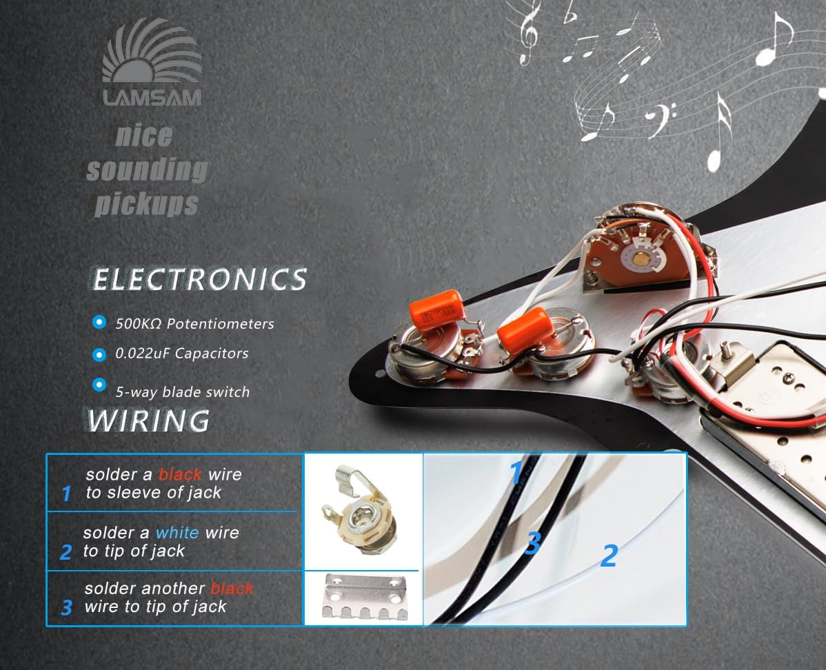 Prewired Pickguard with SSH Pickup Set, 3-ply Pick Guard Loaded Alnico V Single Coil Humbucker Pick-ups, Electric Guitar Scratchplate as Luthier Replacement Parts, Black-03