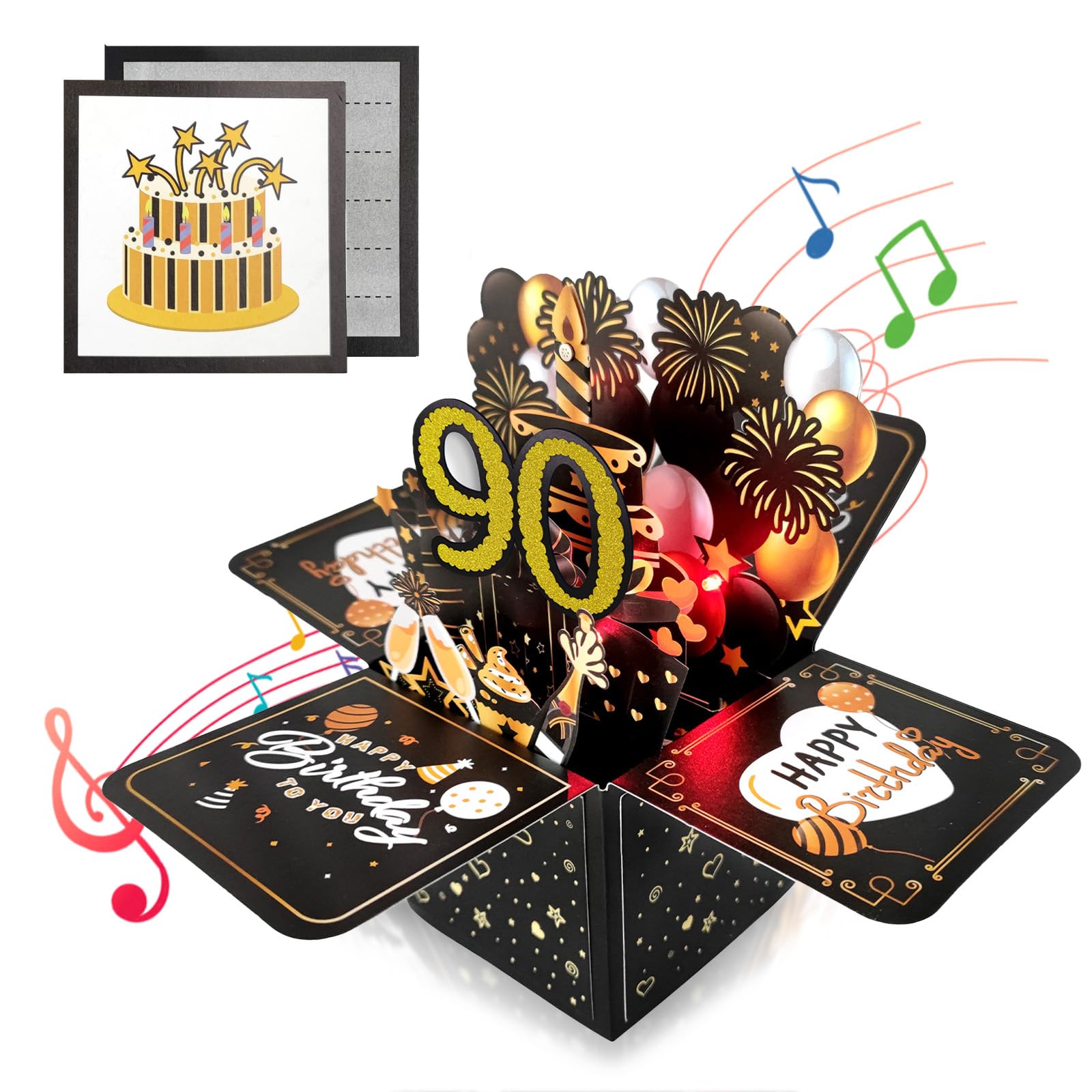 Black Gold 3D Pop Up 90th Musical Birthday Card for Men Women Him Her Birthday Gifts,Singing Blowable Candle Light Up Happy 90th Birthday Cards for Male Female Grandma Grandpa Mum Dad Wife Husband