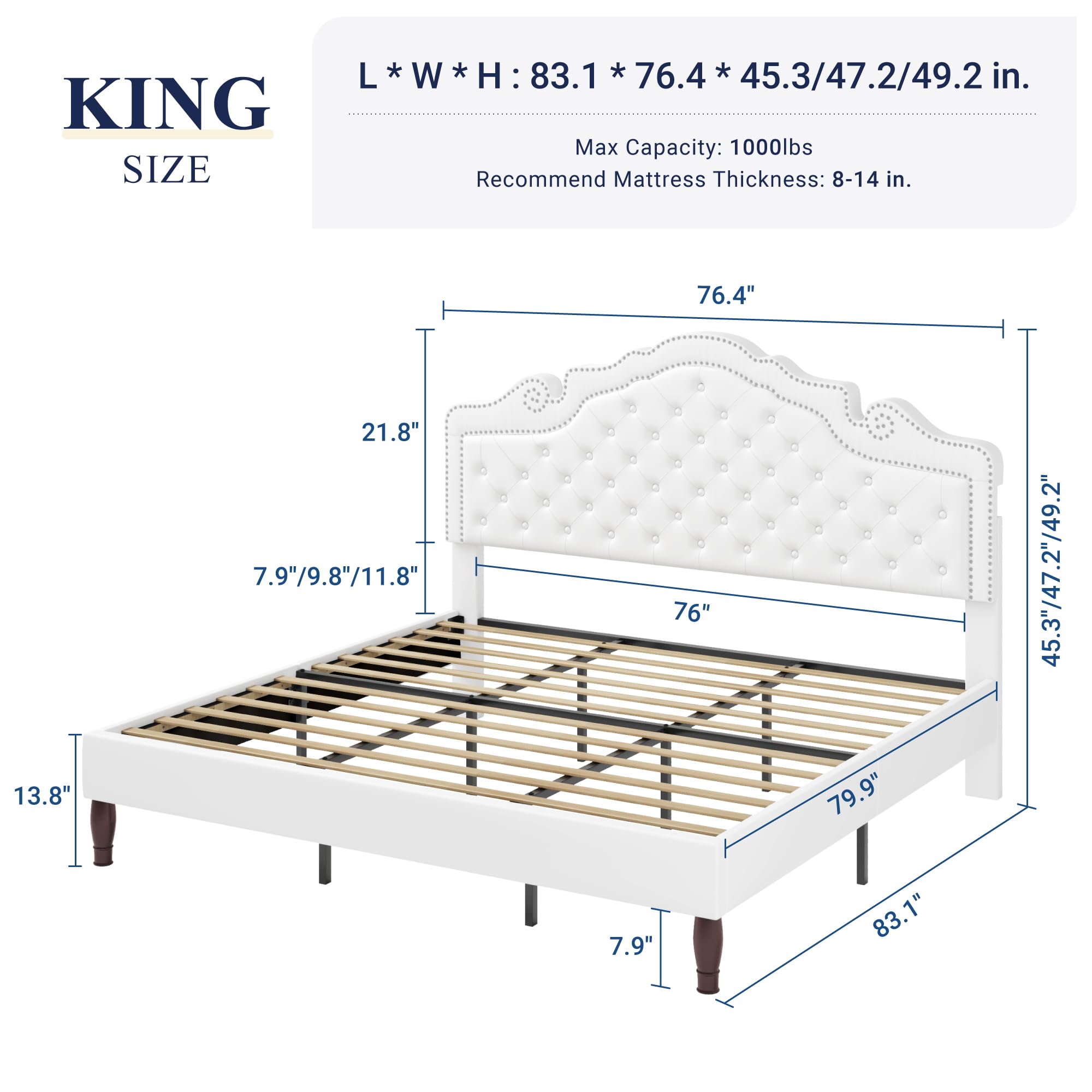 Allewie King Bed Frame with Adjustable Velvet Tiara Headboard, Upholstered Diamond Button Tufted Platform Bed, Wood Slats Support, No Box Spring Needed, Mattress Foundation, Easy Assembly, Black: White King