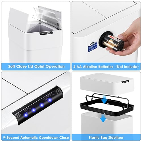 Miniatura 6 de Arlopu Cubo de basura automático de 18.5 galones, cubo de basura con sensor de movimiento de acero inoxidable de 70 L, papelera cepillada sin