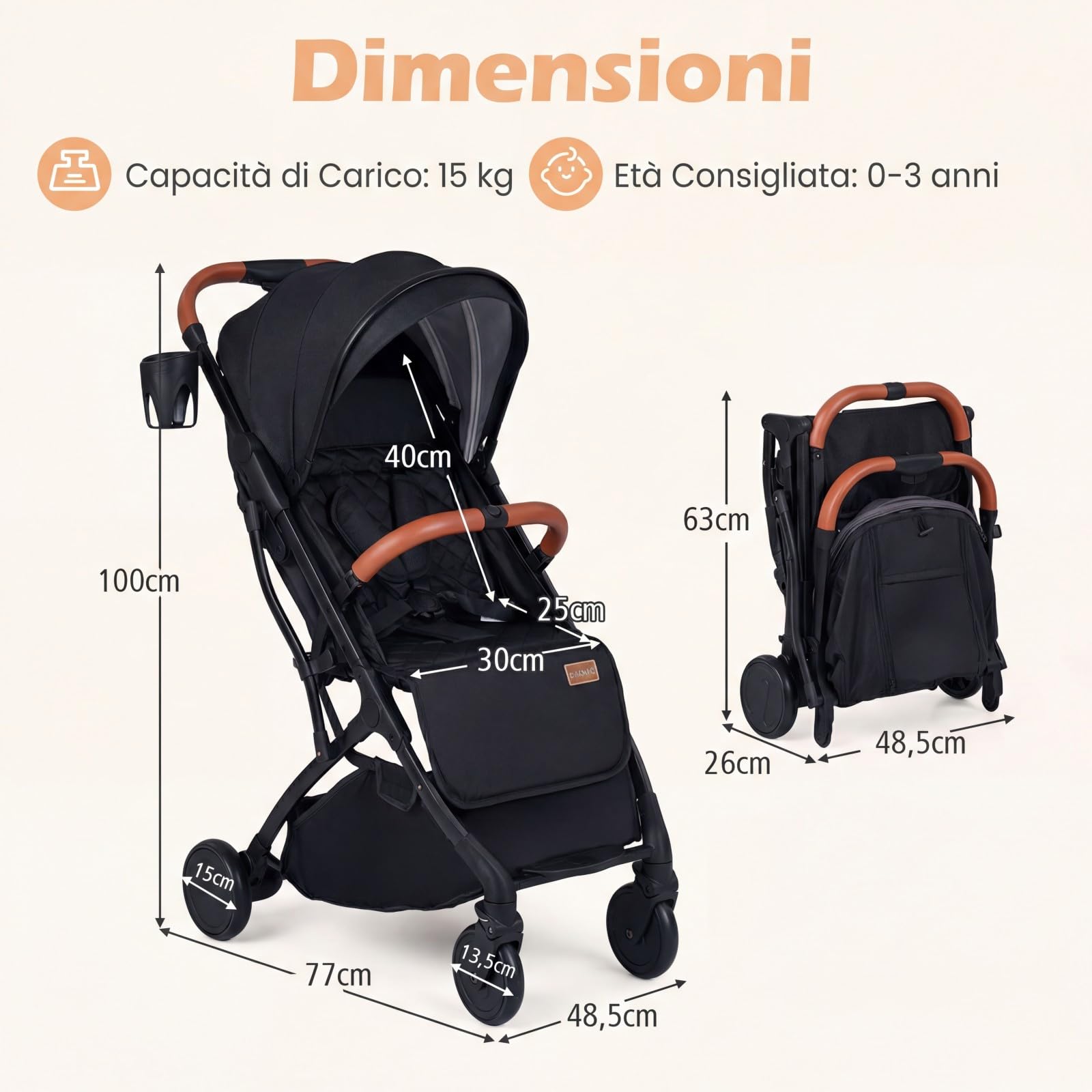 COSTWAY Passeggino Leggero per Neonati con Tettuccio, Schienale e Poggiapiedi Reclinabili, Passeggino Pieghevole con Portabicchieri, Cestello Portaoggetti, per Bambini 0-3 Anni (Nero)