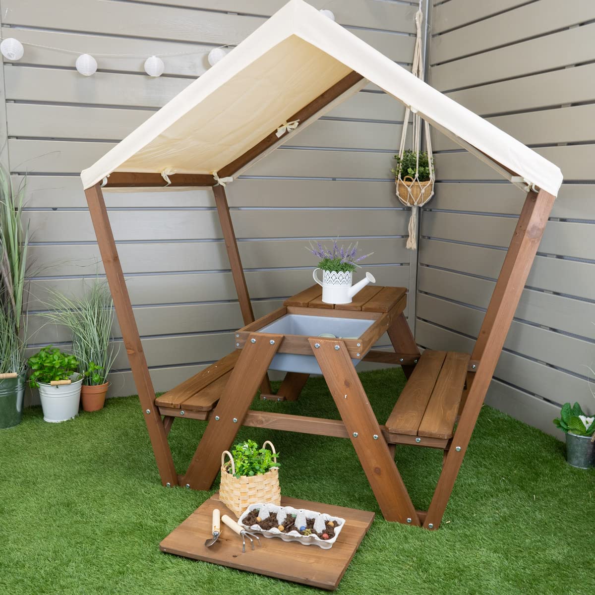 Meppi Pellworm Salon de jardin pour enfant en bois avec toit Marron