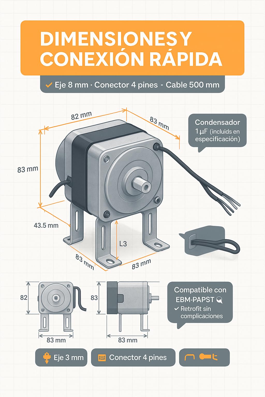 RO Linea Blanca ® Motor Ventilador Refrigeración M4Q045-CA03-49 230V 10W 1300/1550 rpm 50/60Hz Longitud 43,5 mm 4 Pines Soporte Universal Eje 8 mm Compatible con EBM-PAPST Serie Q para Botelleros