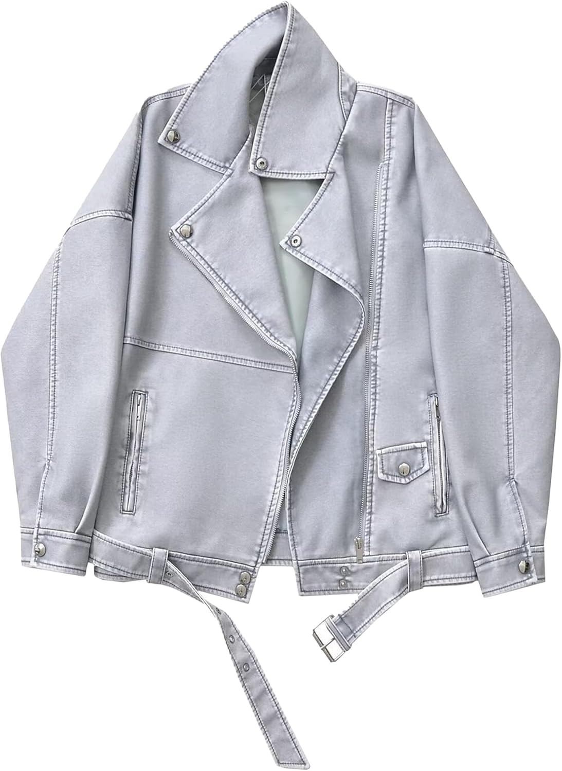 Women's Asymmetrical Zip Faux PU Coat Blazer Collar Casual Moto Coat Jacket Loose Fit Vintage Outerwear