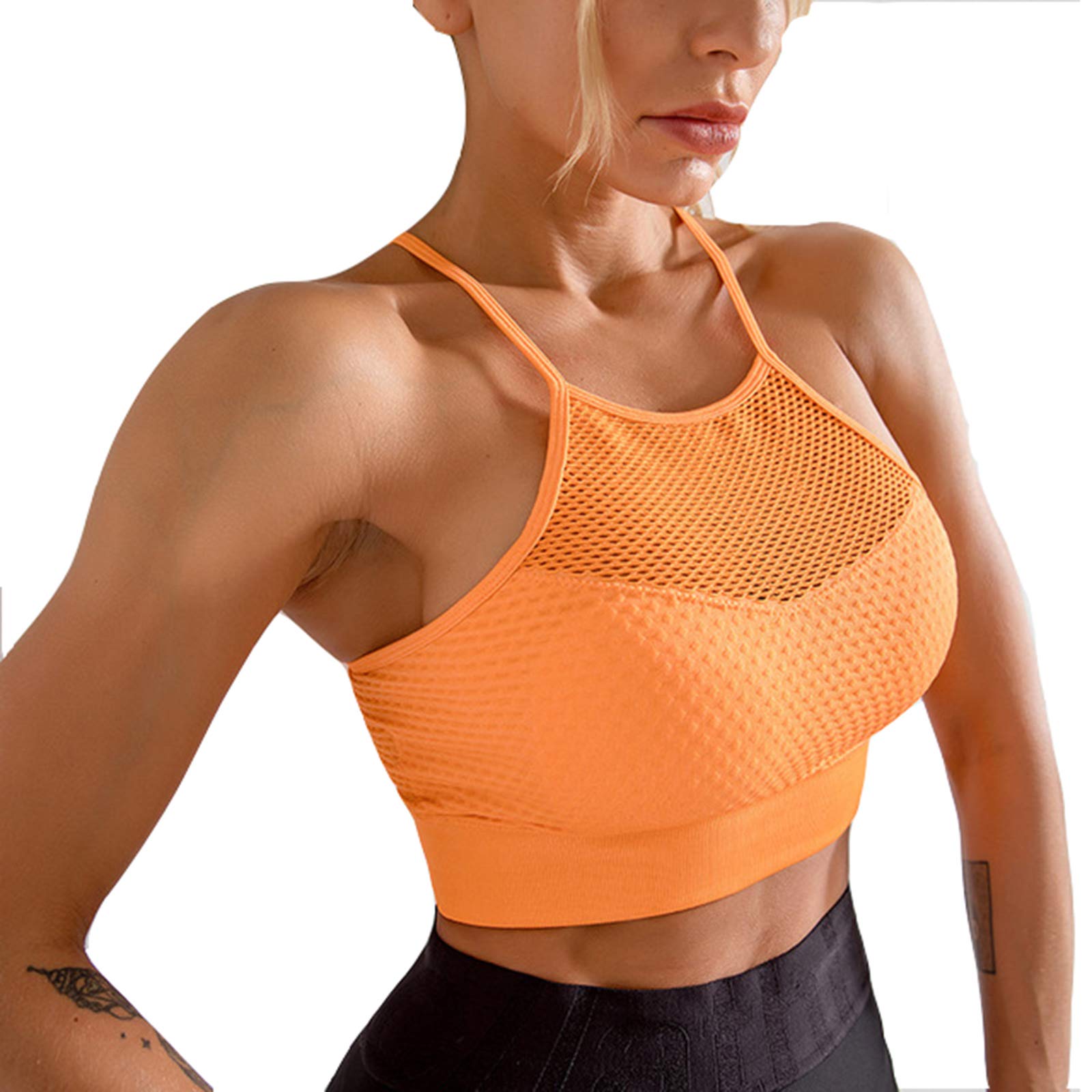 Shockproof Sports Bra, Mesh Hollow Fitness Halter Vest, Quick-Drying Breathable Sports Detachable Chest Pad Yoga Tank Top, Women Padded Sports Bra Fitness Workout Running Shirts,Orange,S