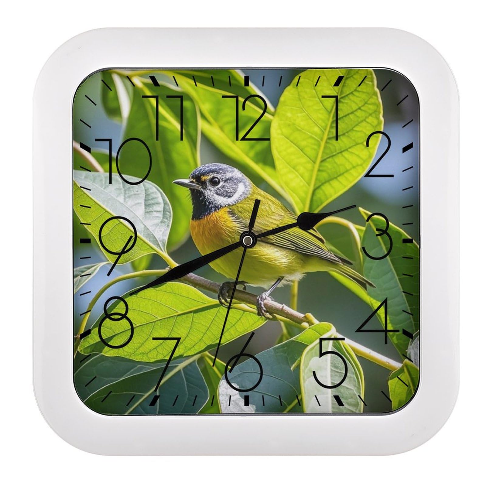 Horloge murale carrée sans tic-tac à piles - Modèle silencieux décoratif oiseaux et feuilles