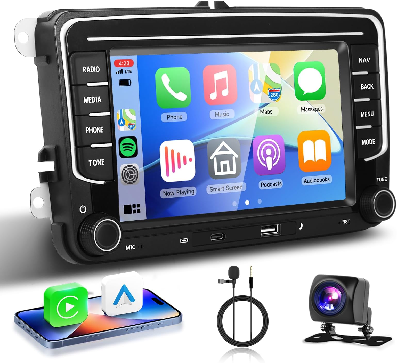 4G+64G Car Stereo for VW Passat Jetta MK5 MK6 Tiguan Golf Polo Seat Wireless Carplay/Android Auto Android Car Radio,7“ Touch Screen GPS WiFi Bluetooth FM/RDS SWC USB/Type-C+Backup Camera