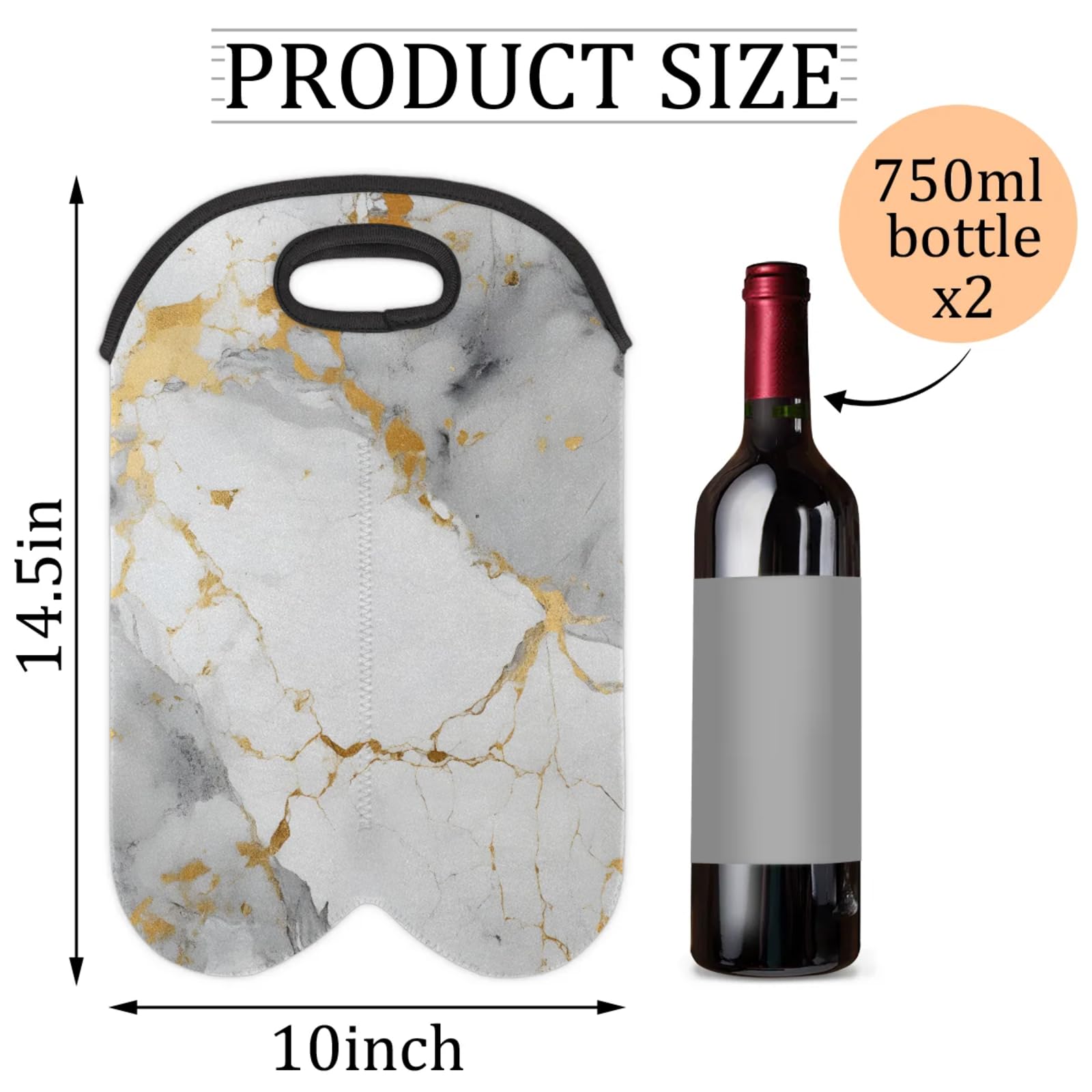 GzLeyigou 2 Bottles White Marble Wine Bag Sleeve Totes Stone Texture Neoprene Protective Wine Carrier Bag for Wine,Water, Champagne, Beer, Baby Bottles,Gift 14.5 x 10 Inches