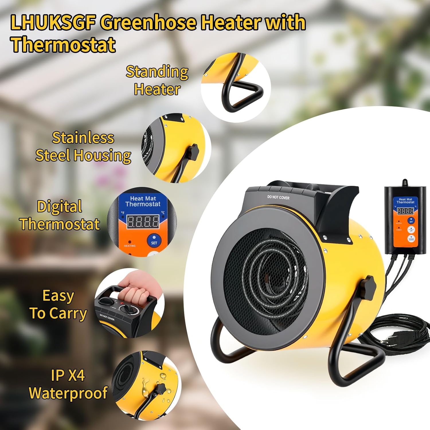 Greenhouse Heater with Digital Thermostat, 1500W/750W Electric Grow Tent Heater, IPX4 Waterproof, Overheat Protection, Fast Heating for Patio, Flower Room, Green House, Ourdoor, Yellow