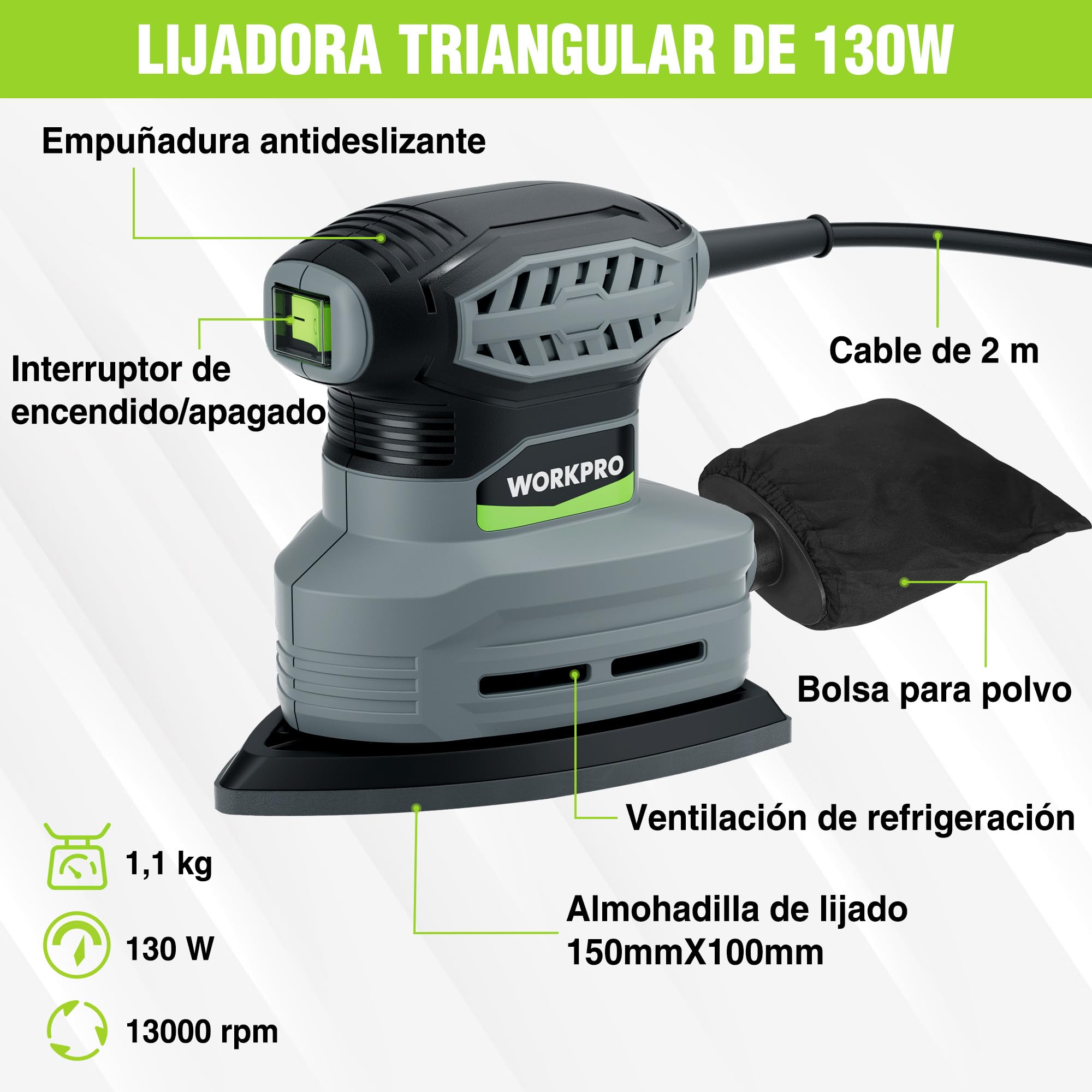WORKPRO Lijadora Eléctrica de Detalle Mouse 130W, 13000 RPM, con Bolsa de Polvo y 20 Hojas de Lija, Lijadora Orbital Triangular para Madera, Muebles, Carpintería y Bricolaje