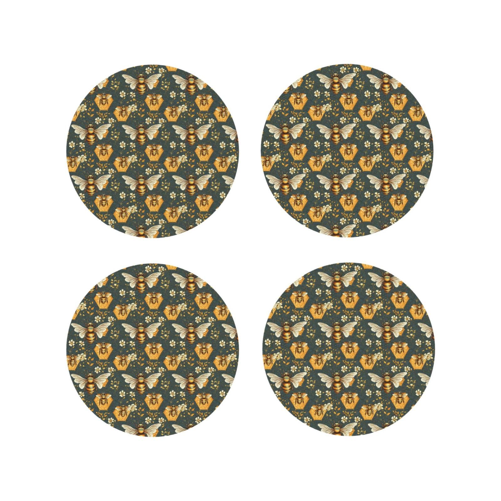 Leather Coasters Set of 4 - Classic Flower Bee Print Lightweight Drink Coasters for Desk