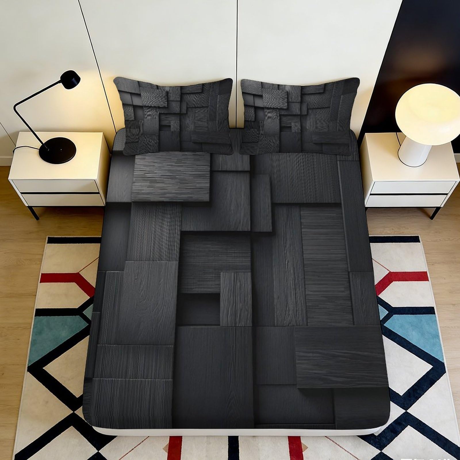 3D Printed Geometric Black Fitted Sheet Microfiber Modern Abstract Mattress Cover for Bedroom Dorm Decor Protection 90x200x25cm
