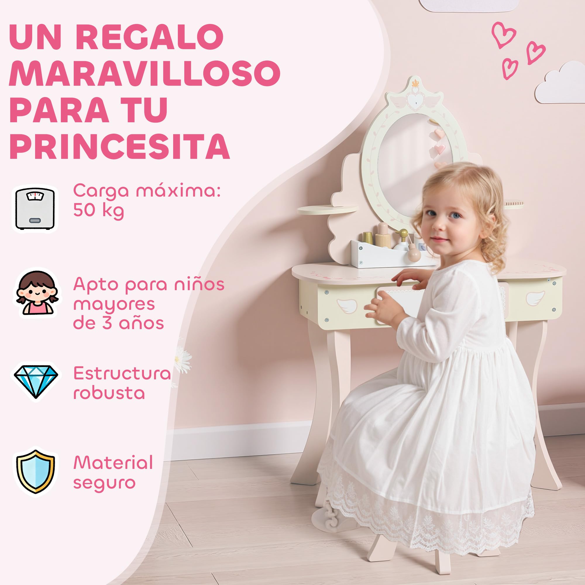 AIYAPLAY Tocador para Niñas, Tocador de Maquillaje Niñas, 2 en 1, Escritorio, con Taburete, Espejo, Cajón, 7 Accesorios, a Partir de 3 Años, Rosa