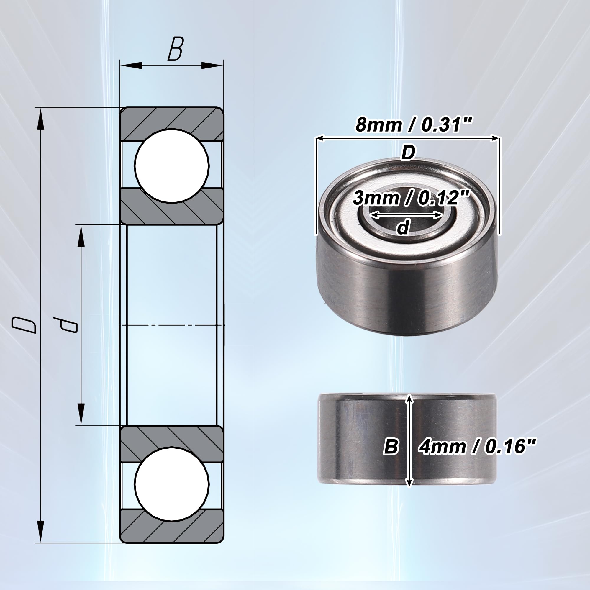 ACROPIX 693zz Double Metal Shield Ball Bearings - 3x8x4mm, Silver, Pack Of 10, Single Row Deep Groove, Bearing Steel