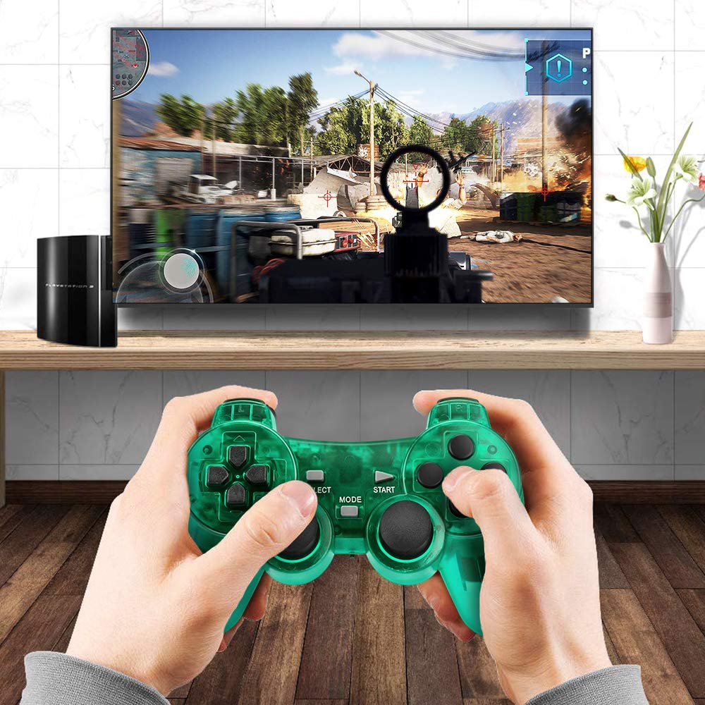 Achort Wireless Controller for PS2 Playstation 2.4G Gamepad Joystick Remote with Dual Shock Vibration Sensitive Control Wirelless Receivers (ClearBlue and ClearGreen)