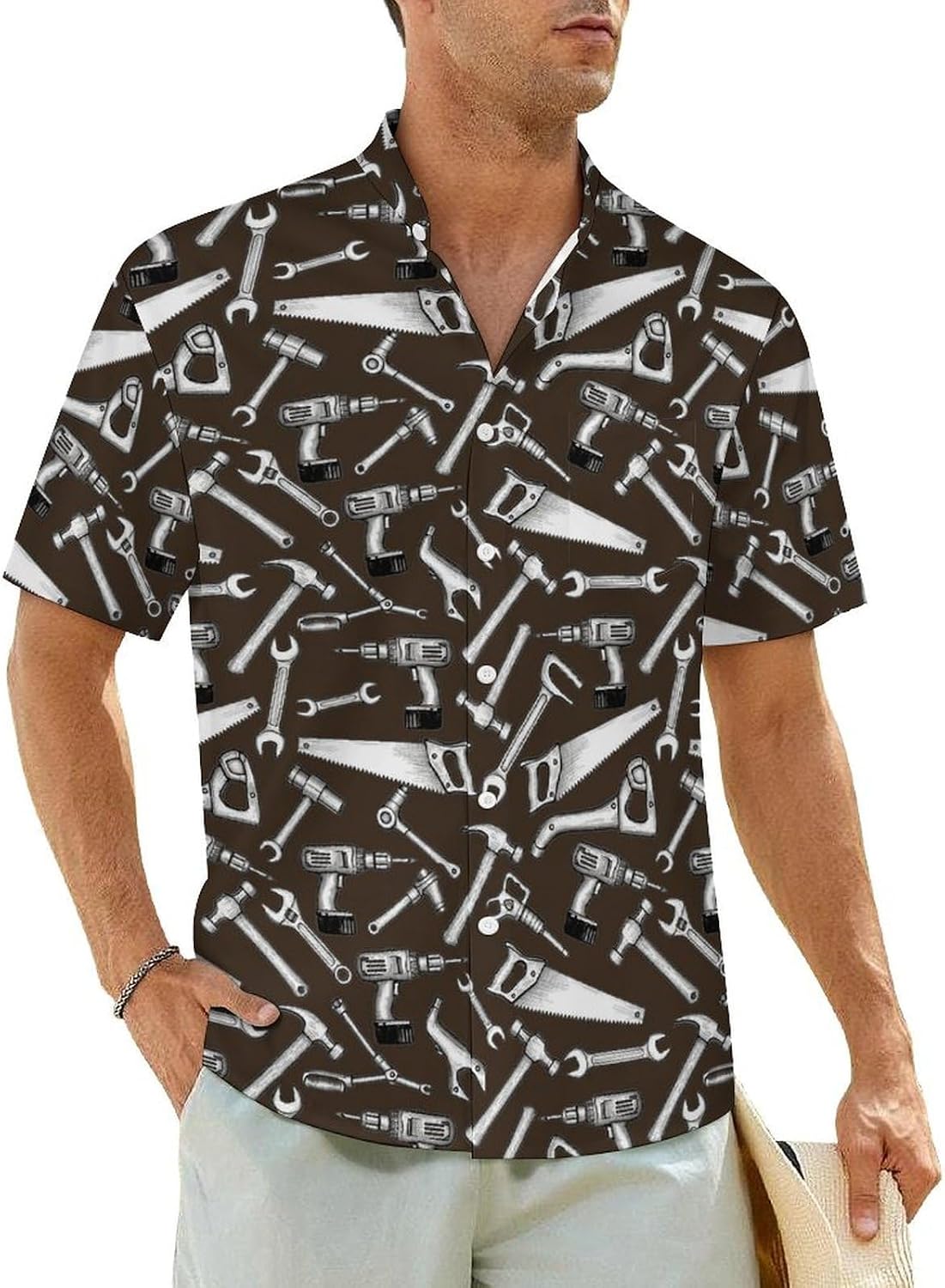 Men's Shirt Stand Up Collar Shirts Wrinkle Free Casual Short Sleeve Button Down Shirts Pocket