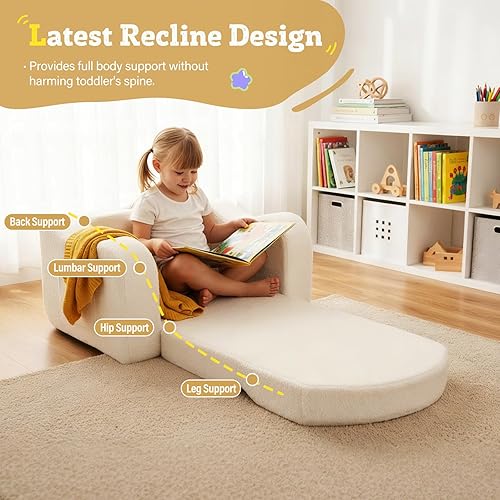 Vista 24 de Welnow Silla para niños pequeños, sofá infantil de sherpa suave 2 en 1, tumbona convertible para niños, sofá plegable para niños con bolsillos
