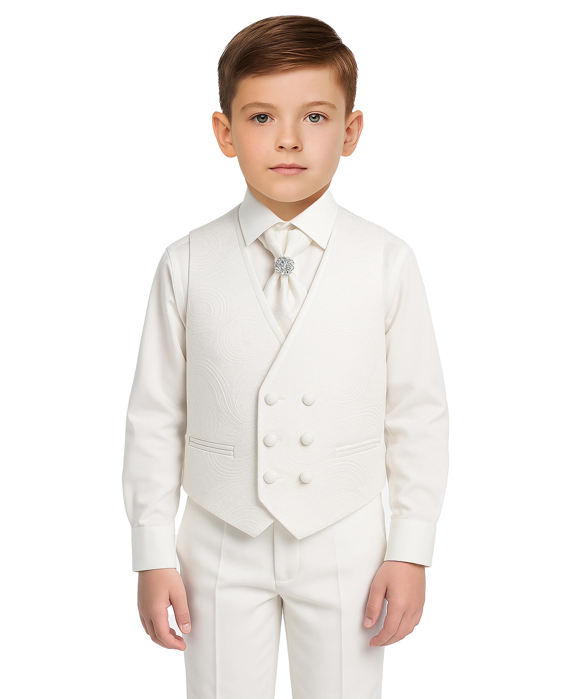 Costume Luxueux 5 pièces Ivoire pour garçon avec Gilet croisé - Ensemble de baptême de Communion Coupe Slim, 1 à 16 Ans