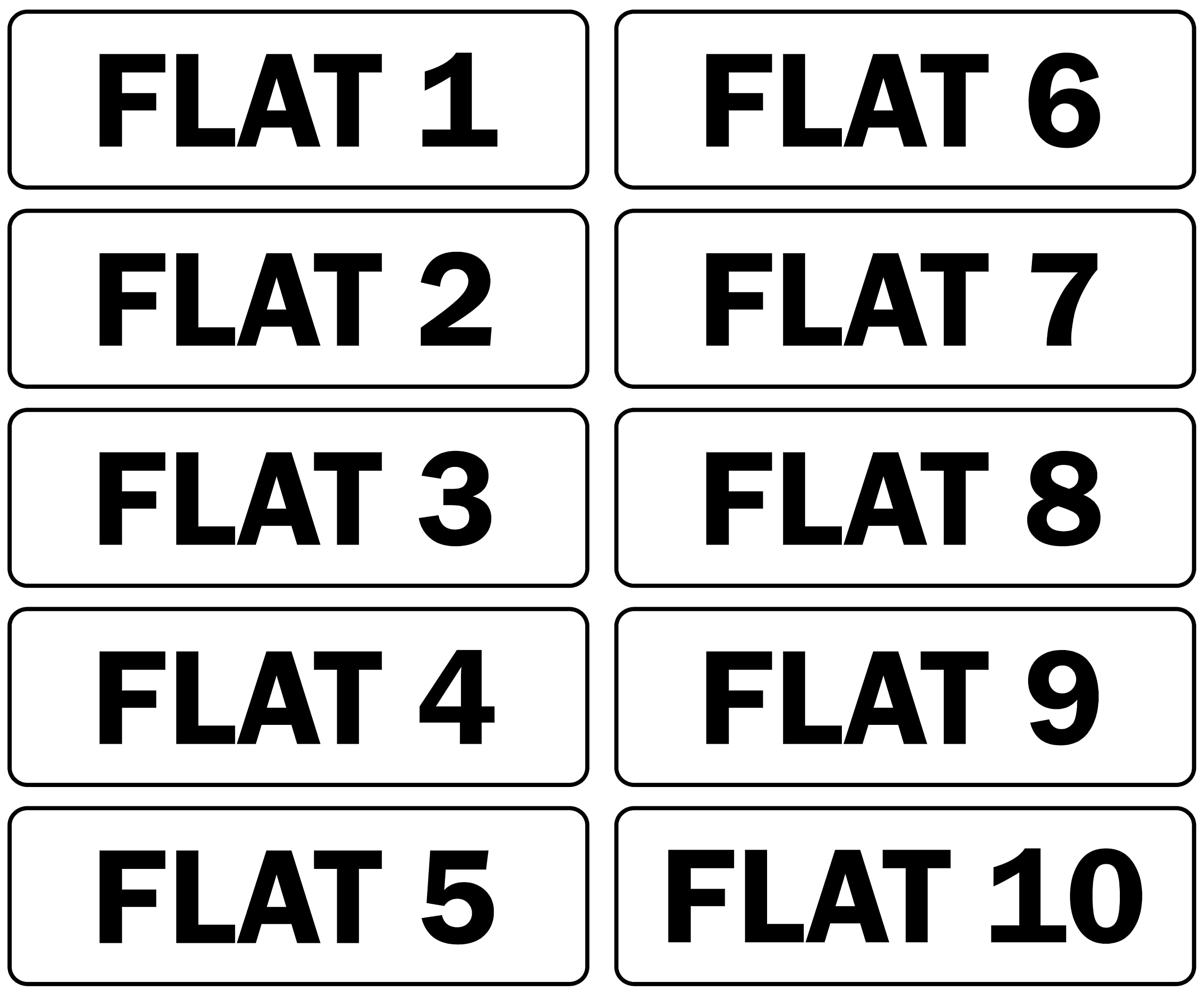 Flat Numbers signs numbered 1-10 - 3mm Aluminium sign 300mm x 100mm (Flat 2)