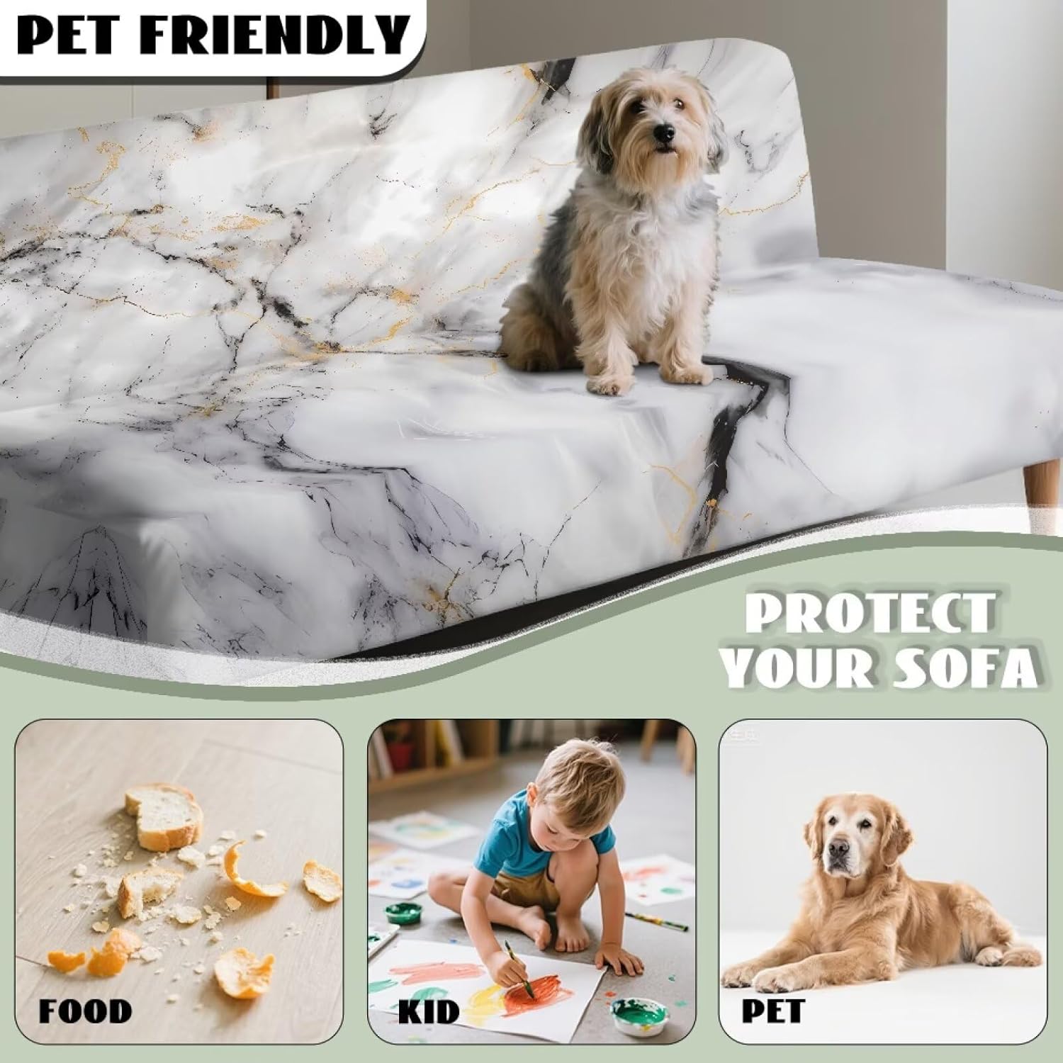 Marble Print Gray White Stretch Armless Futon Cover Futon Slipcover Anti Slip Sofa Bed Cover Furniture Protector with Elastic Bottom, Machine Washable