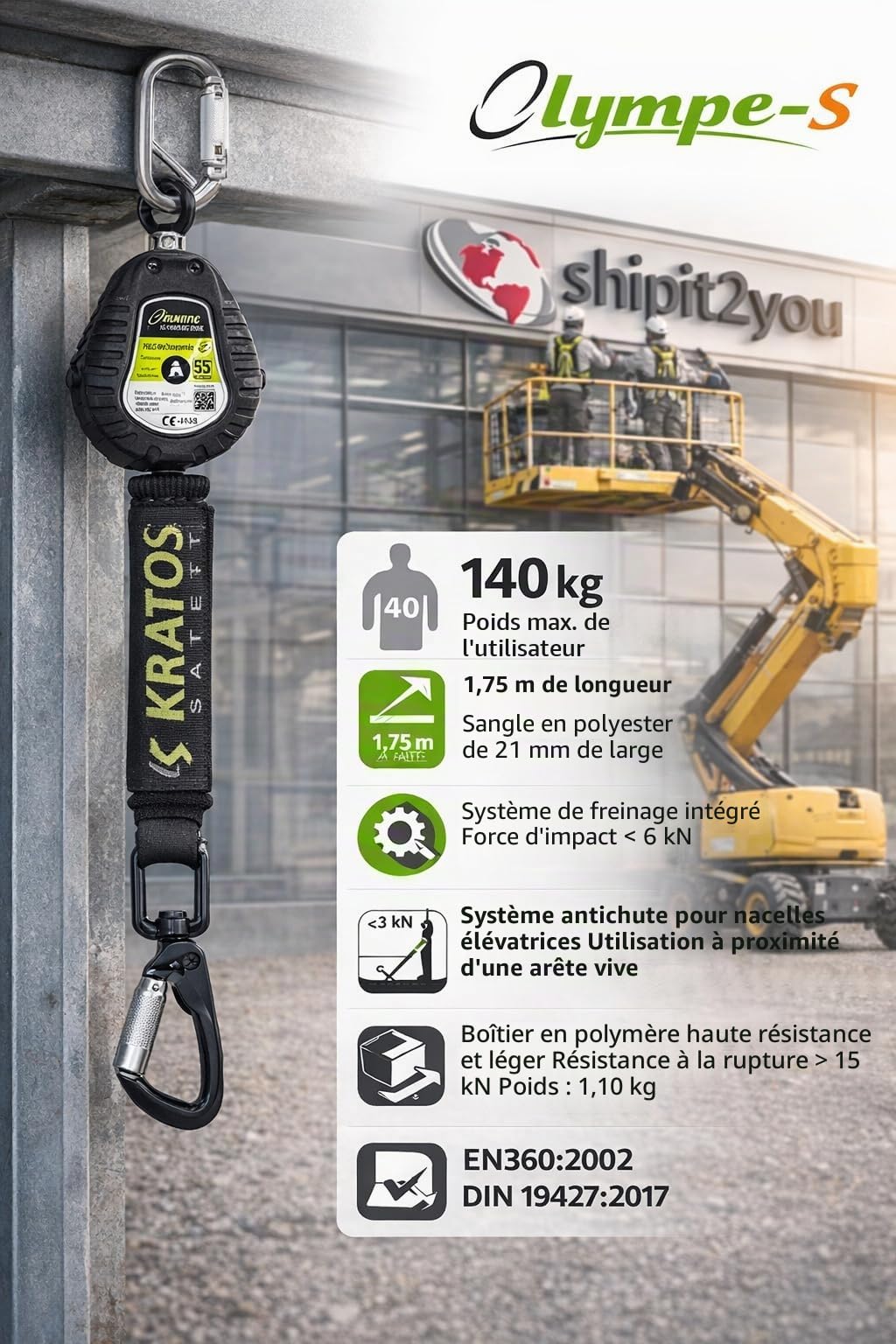 KRATOS SAFETY - Olympe-S Sangle, Antichute à Rappel Automatique LG. 1,75 m - spécial nacelles - 119-FA2050301