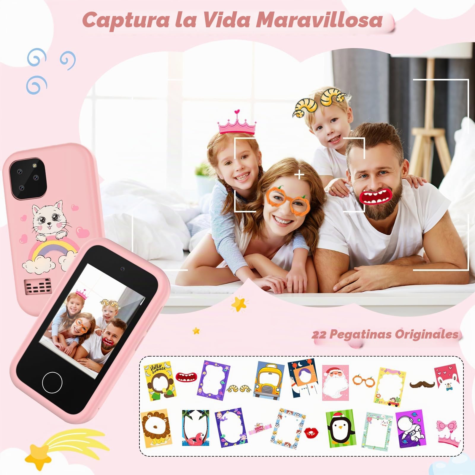 Smartphone Teléfono para Niños,Teléfono móvil para niños,Teléfono móvil Juguete Educativo,Regalo para niña 3 4 5 6 7 8 9 10 años Cumpleaños Navidad Doble Cámara Gatito Pink HD-2.8" Pantalla 32G