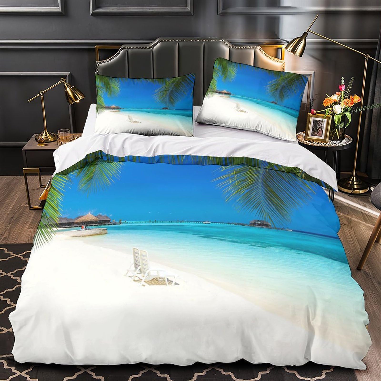 Housse de couette anti-acarien feuilles tropicales pour lit double 200x200 en tissu résistant
