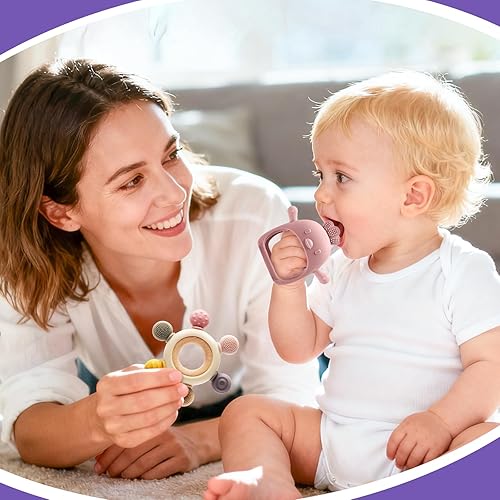 Miniatura 2 de Paquete de 2 juguetes de dentición para bebés de 0 a 6 a 12 meses, manoplas de dentición de silicona de grado alimenticio y timón de silicona con