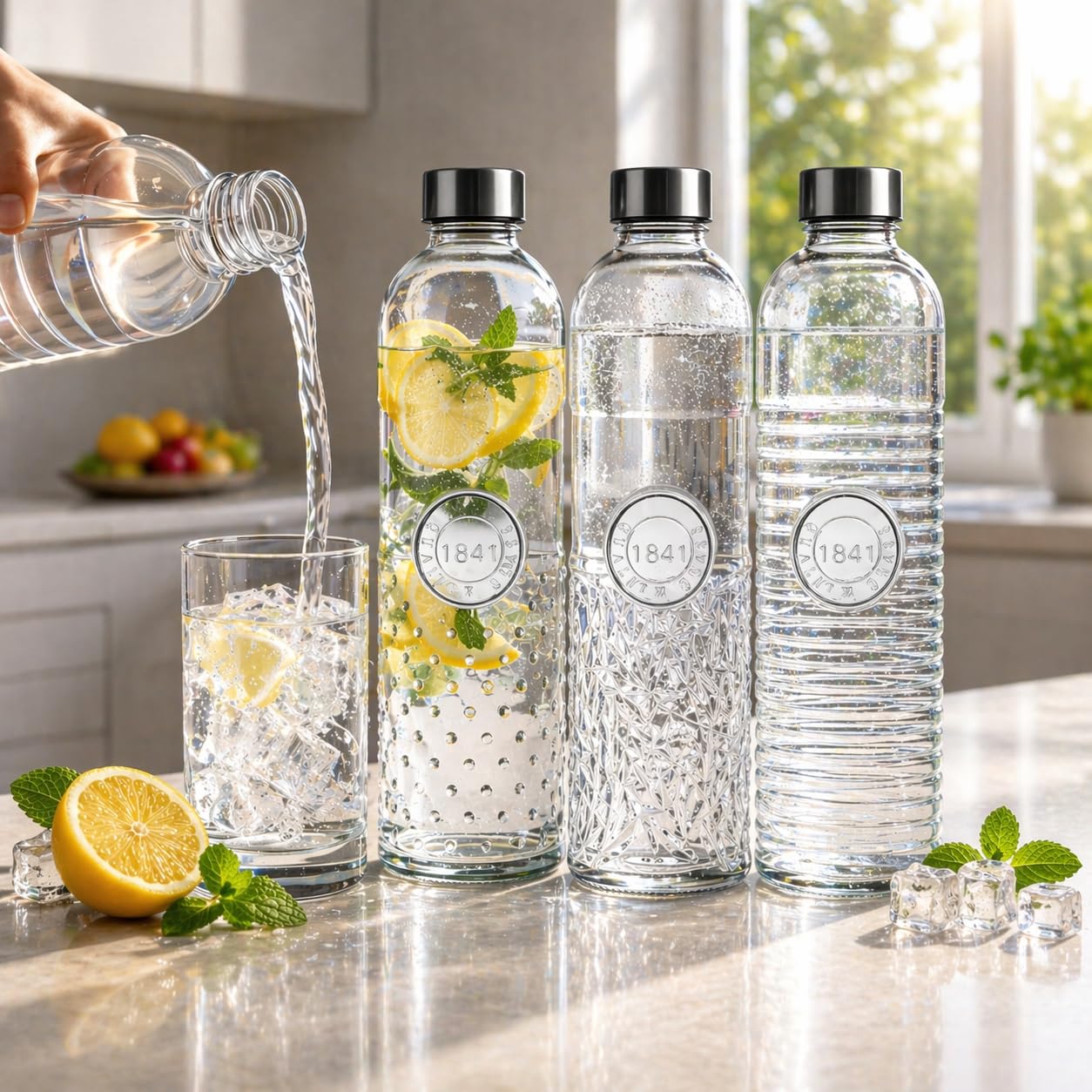 Glas Wasserflasche 1L - Luftdichte Trinkflasche mit Schraubverschluss - Vintage Design für Wasser & Saft - Kühlschrankgeeignet - (3er Set)