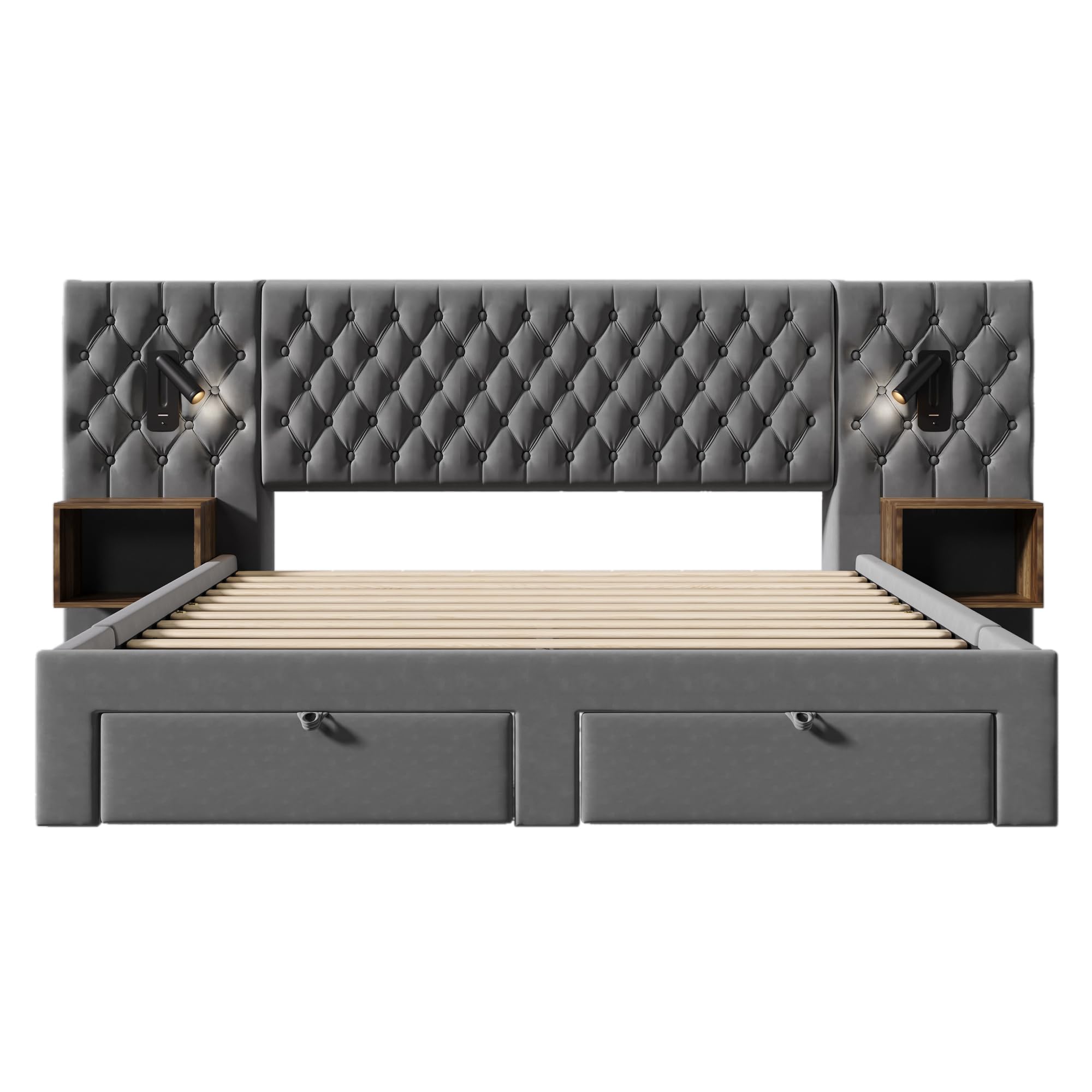 Set Completo per Letto Matrimoniale - Letto Imbottito 180 x 200 cm, Comodini e Cassetti, Lampada da Lettura USB